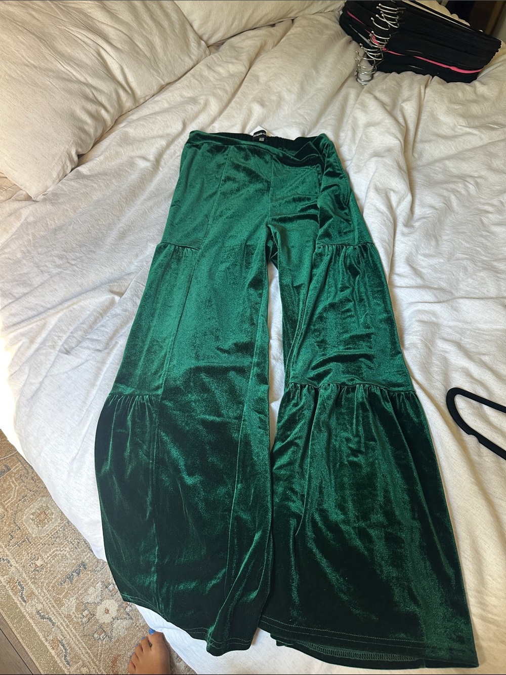 Velvet Tiered Bell-Bottom Pants - Emerald Green